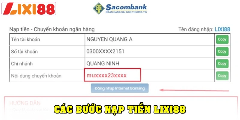 Các bước chi tiết nạp tiền Lixi88 cho thành viên mới